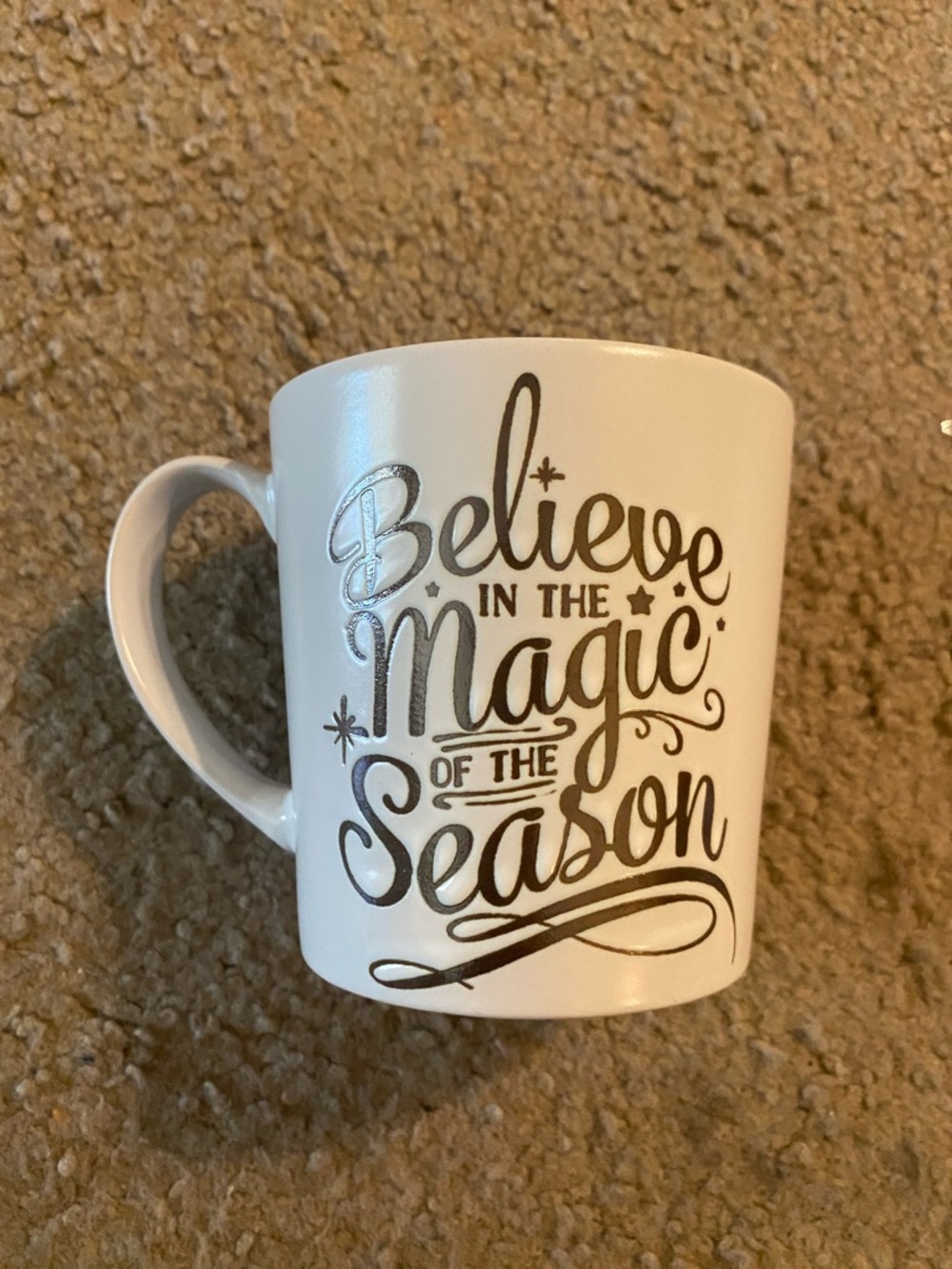 White Ceramic Holiday Mug with "Believe in the Magic of the Season" Script